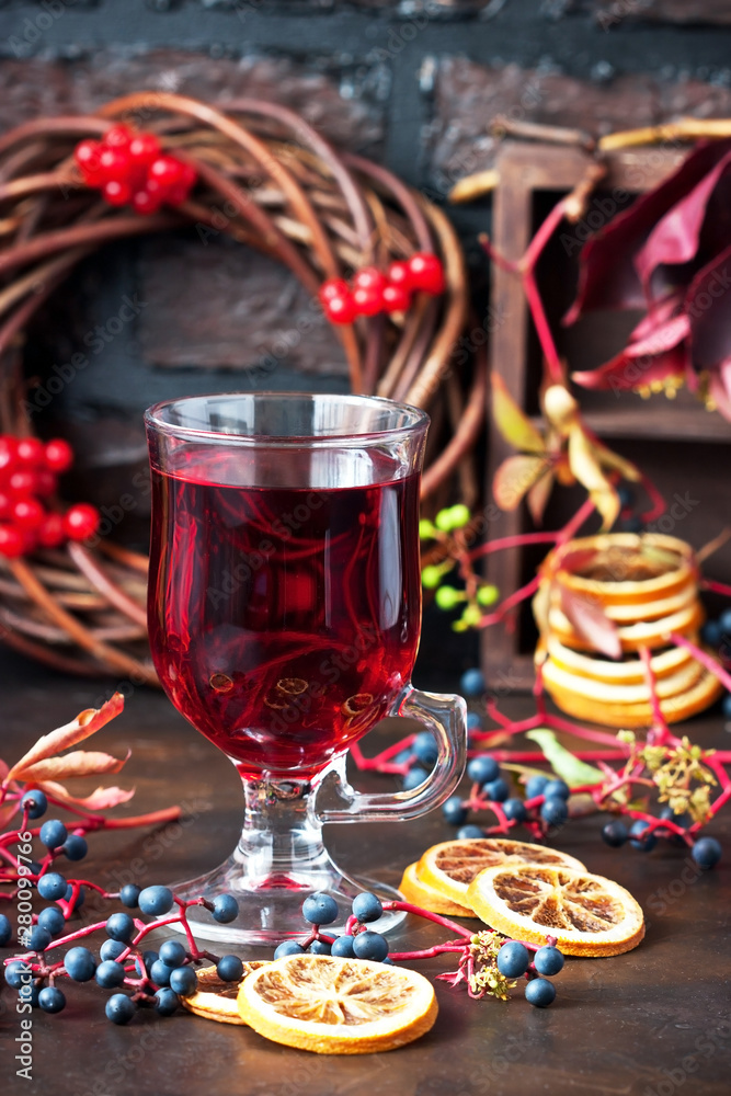 Autumn drinks concept. Mulled wine, cider or punch