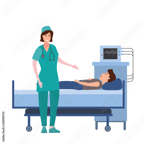 Medical team nurse consulting patient in a medical bed