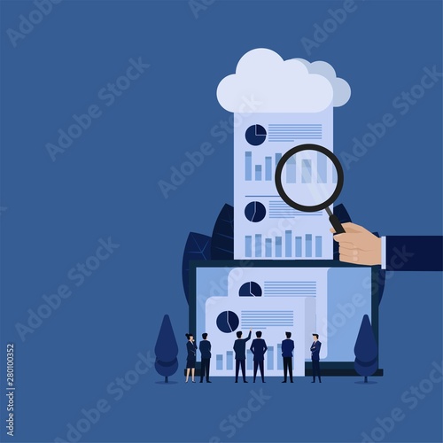 Business hand hold magnify and report came out from cloud metaphor of online audit review.
