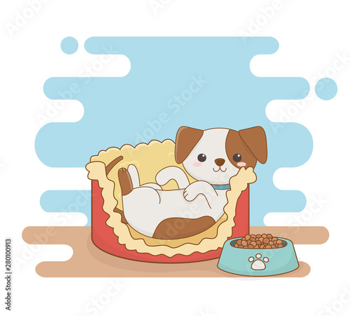 cute little dog mascot in bed with food