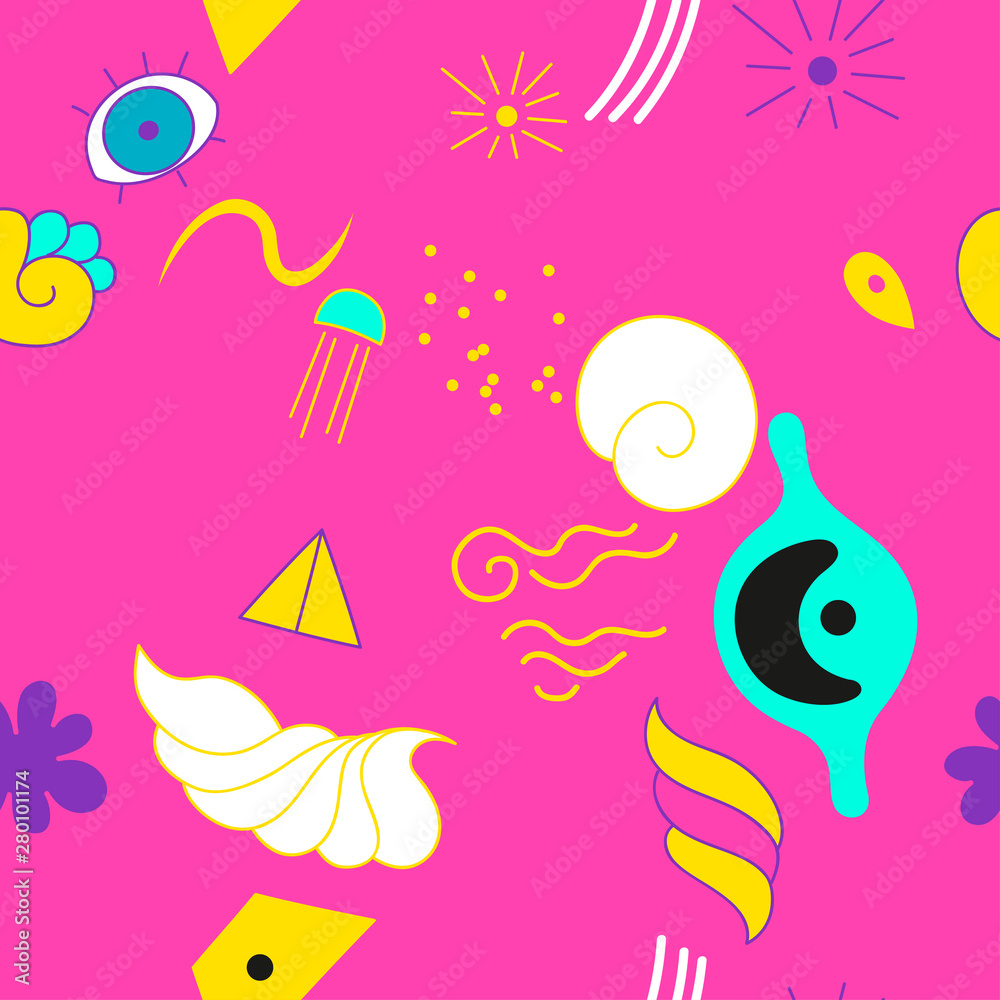 Abstract psychedelic seamless pattern with pop and zine culture elements on pink background