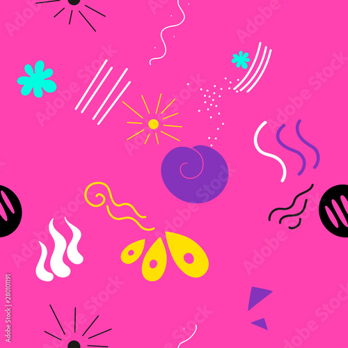 Abstract psychedelic seamless pattern with pop and zine culture elements on pink background