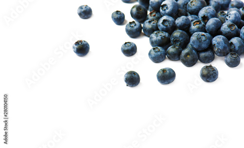 Fresh organic blueberries on a white background. Selective focus