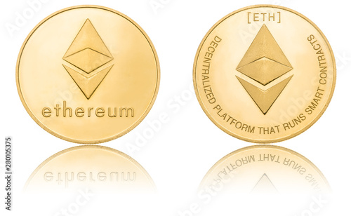 Gold ryptocurrency coin - Etherum, isolated on a white photo