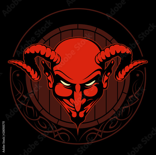Red devil head with the horns and wooden beer barrel on background, vector logo.