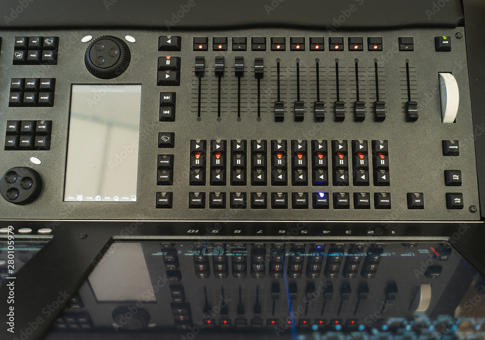 Sound equipment, large mixing console for sound producer. Sound equipment, large mixing console for sound producer.