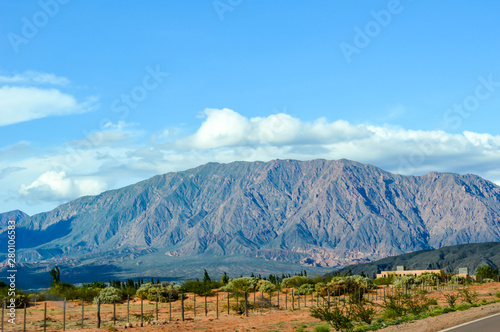  Landscape in Mendoza  Argentina. Lake with mountains in the background. Road to Chile.