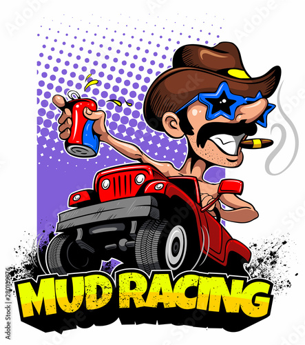 Man with the hat, beer can and sunglasses driving red car, vector image.