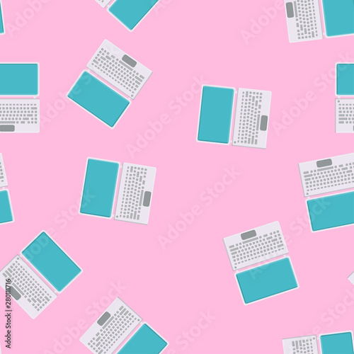 Seamless pattern, texture of modern powerful digital computer mobile laptops with keyboard, technology isolated on pink background