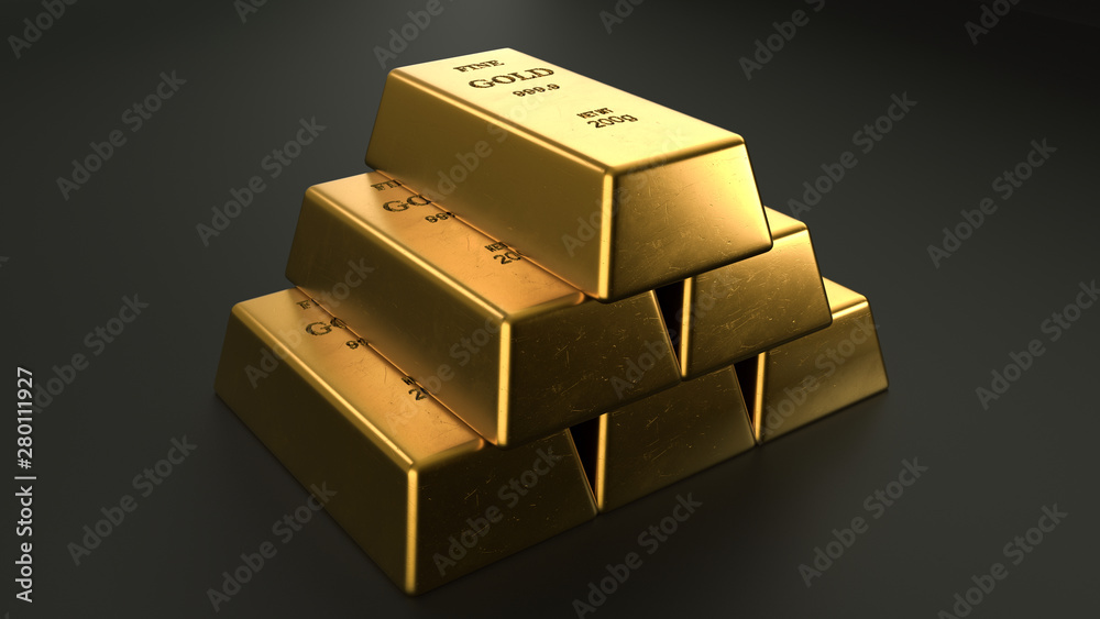 representación 3d de lingotes de oro apilados. representación 3d de lingotes de oro apilados.