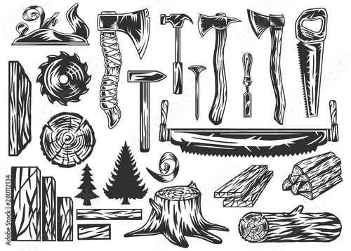 Vector set of vintage modern monochrome design elements of carpentry tools. Axes, saws, trees, hammer, nail. Isolated on white background.