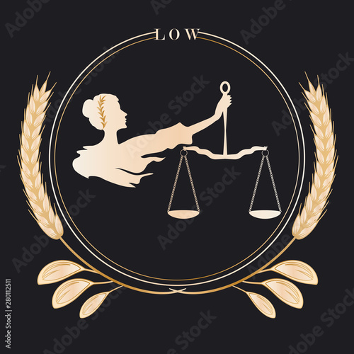 Goddess Themis, scales of justice - round frame with decorative decoration - gold metal - black background - art, vector.