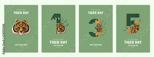 Set of poster for international tiger day, 29 July with number. Template design for invitation, flyer, advertisement with copy or text space. Paper cut and craft style.
