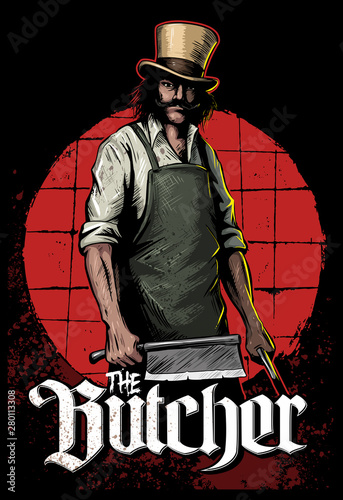 Butcher man with the cleaver, cylinder hat and blood splatters, blood stains on background, vector illustration.