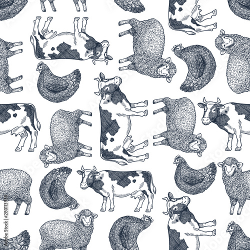 Farm animals seamless pattern. Cow, sheep, chicken engraved vintage illustration. Vector illustration