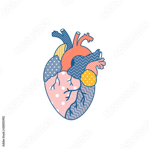 Anatomic heart pop art illustration. Patchwork heart. Vector illustration