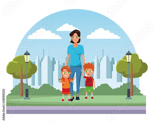 Family single mother with two kids