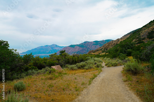 View of trail with Ogden valley background along Waterfall Canyon Trail near Ogden, Utah