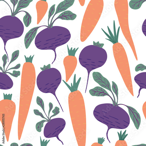 Fototapeta Naklejka Na Ścianę i Meble -  Hand drawn carrot and beet seamless pattern on white background.