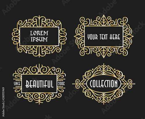 Beautiful Set Vintage Ornament Golden Exclusive Line Art Minimalist Badges Luxury Label Design Elements