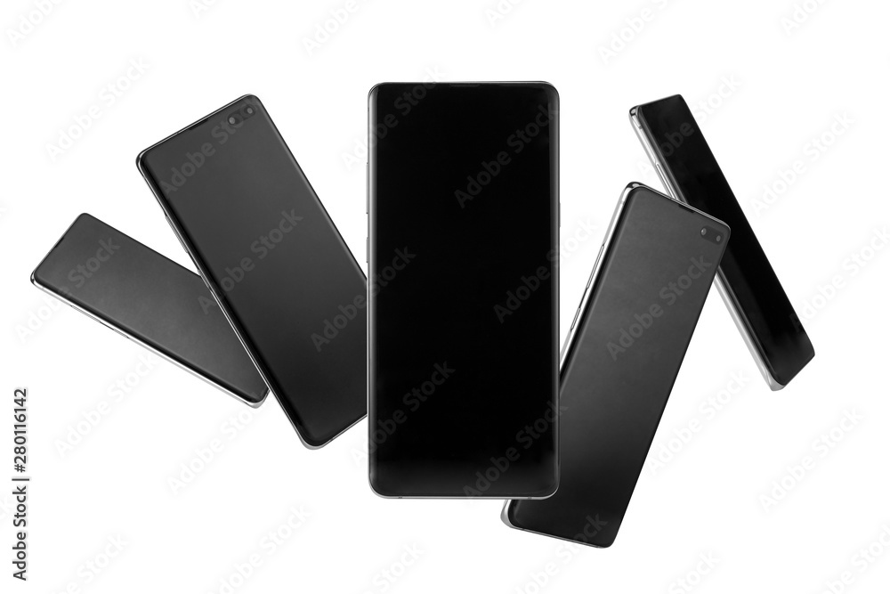 many smart phone with veriety angles, empty black screen isolated white. many smart phone with veriety angles, empty black screen isolated white.
