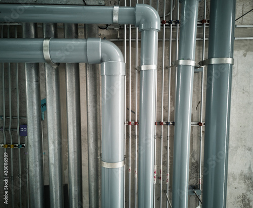 Sewer system installed on the ceiling and through the floor to the upper floor.