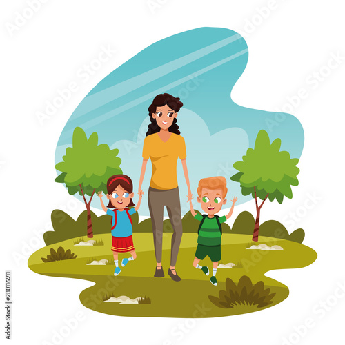 Family single mother with two kids