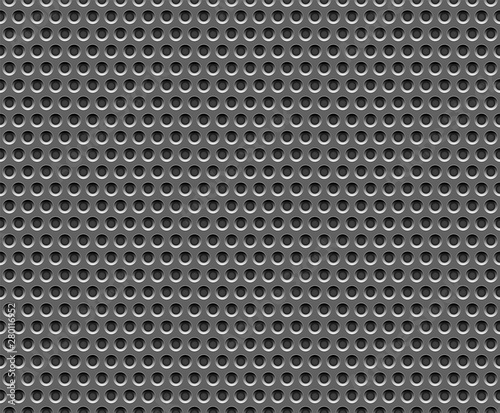 Factory dark technology stainless steel grid with round holes repetitive. Seamless template, background. Vector design element.