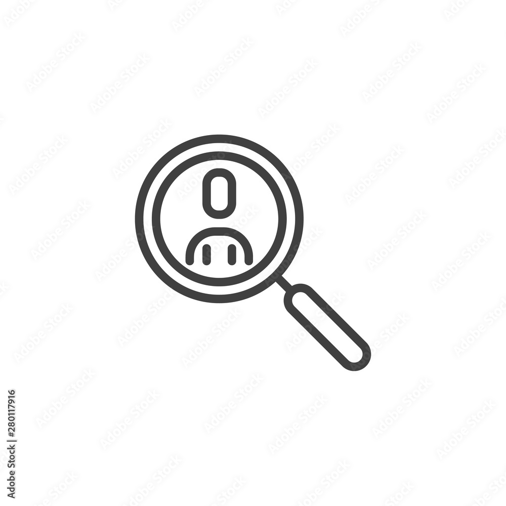 Search profile line icon. Man and magnifier linear style sign for mobile concept and web design. Human resource outline vector icon. Symbol, logo illustration. Vector graphics Search profile line icon. Man and magnifier linear style sign for mobile concept and web design. Human resource outline vector icon. Symbol, logo illustration. Vector graphics