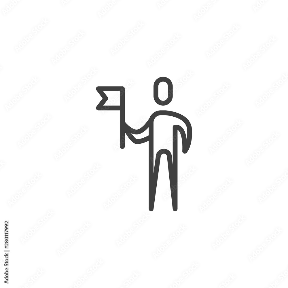 Man with flag line icon. linear style sign for mobile concept and web design. Person holding flag outline vector icon. Achievement symbol, logo illustration. Vector graphics Man with flag line icon. linear style sign for mobile concept and web design. Person holding flag outline vector icon. Achievement symbol, logo illustration. Vector graphics
