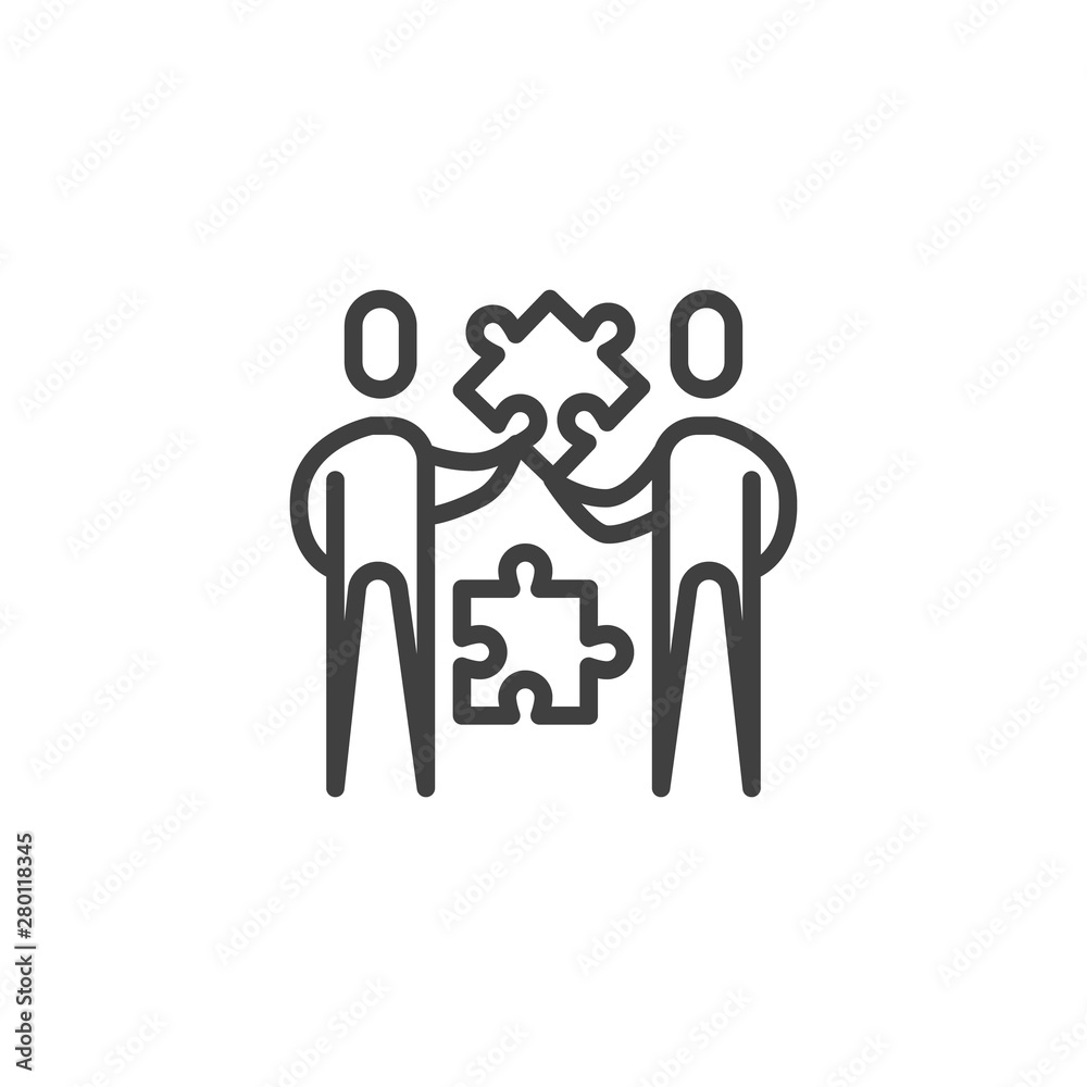 Team work people line icon. Teamwork linear style sign for mobile concept and web design. People with puzzle outline vector icon. Symbol, logo illustration. Vector graphics Team work people line icon. Teamwork linear style sign for mobile concept and web design. People with puzzle outline vector icon. Symbol, logo illustration. Vector graphics