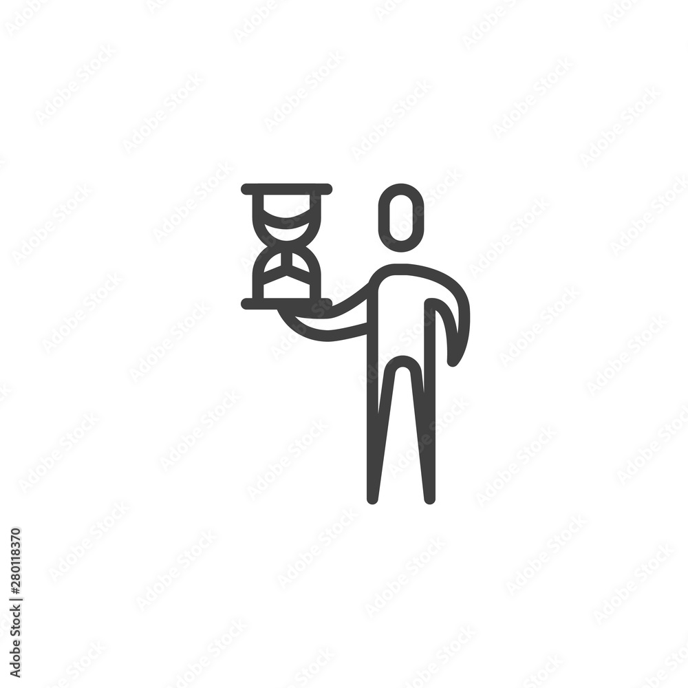 Man with hourglass line icon. linear style sign for mobile concept and web design. Human with sand clock outline vector icon. Time management symbol, logo illustration. Vector graphics Man with hourglass line icon. linear style sign for mobile concept and web design. Human with sand clock outline vector icon. Time management symbol, logo illustration. Vector graphics