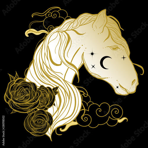 Boho illustration of horse with flowers and clouds. Mystic flash tattoo.
