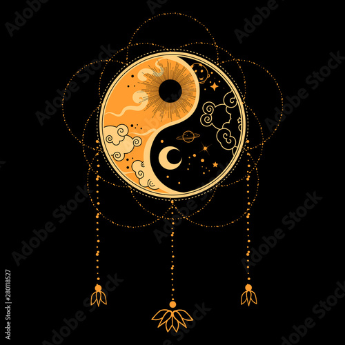 Yin yang flash tattoo. Dreamcatcher concept. Native tribal art.