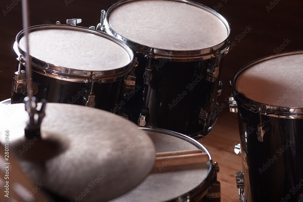 Drum set in the concert hall close up