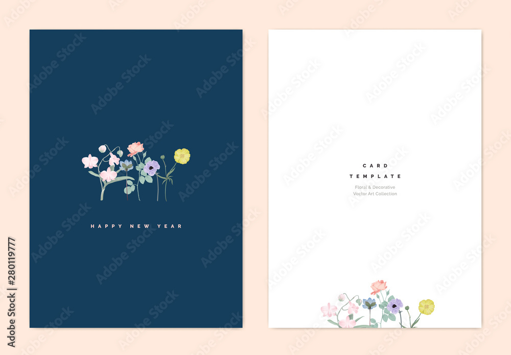 Minimalist botanical new year greeting card template design, creeping buttercup, Dendrobium orchid, Hepatica Nobilis, rose, anemone and creeping buttercup flowers on dark blue, vintage style