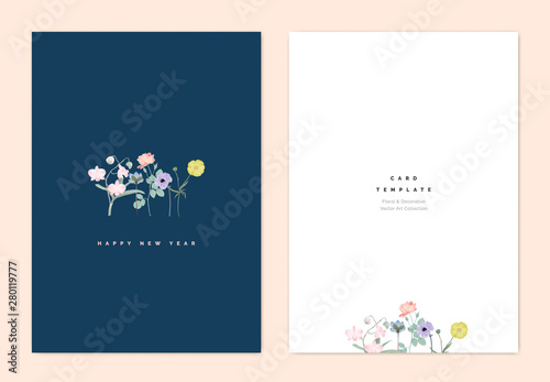Minimalist botanical new year greeting card template design, creeping buttercup, Dendrobium orchid, Hepatica Nobilis, rose, anemone and creeping buttercup flowers on dark blue, vintage style