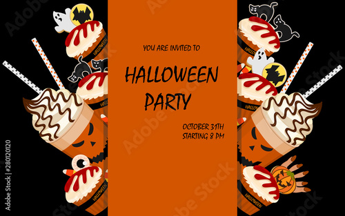 Cute Halloween cupcakes and drinks. Party invitation card. Flat design vector illustration.
