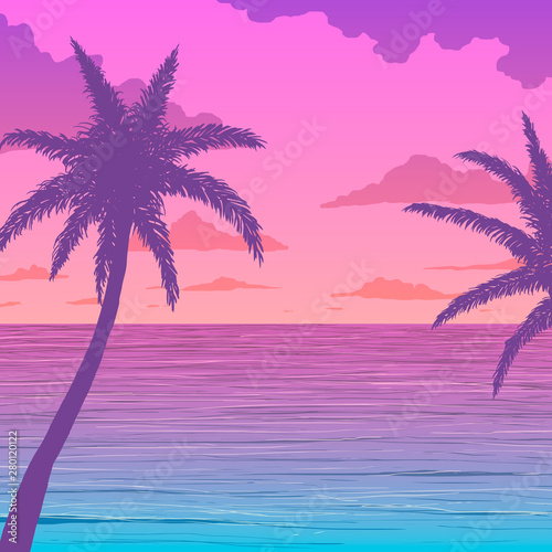 Palm trees on colorful ocean shore 