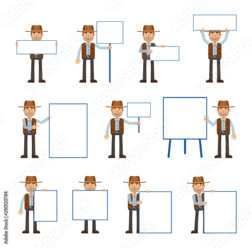 Big set of cowboy characters posing with different blank banners. Cheerful cowboy holding paper, poster, placard, pointing to whiteboard. Teach, advertise, promote. Simple vector illustration