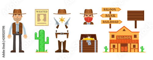 Set of cartoon cowboy character with different western design or game elements. Icons of cactus, gun, treasure chest, saloon, cowboy hat,  road sign and other elements. Simple vector illustration