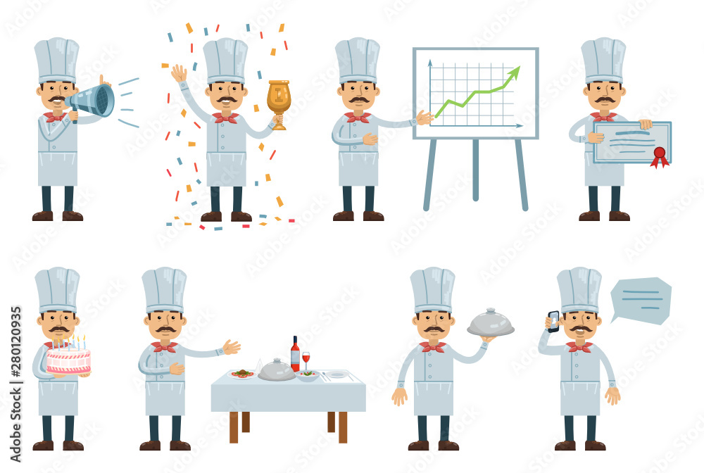 Set of cook characters posing in different situations. Cheerful cook serving dishes, talking on phone, holding loudspeaker, cake, winners cup. Flat style vector illustration Set of cook characters posing in different situations. Cheerful cook serving dishes, talking on phone, holding loudspeaker, cake, winners cup. Flat style vector illustration