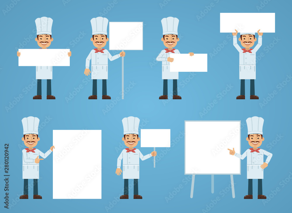 Set of cook characters posing with different blank banners. Cheerful cook holding placard, paper, poster, pointing to whiteboard, teach, promote. Flat style vector illustration Set of cook characters posing with different blank banners. Cheerful cook holding placard, paper, poster, pointing to whiteboard, teach, promote. Flat style vector illustration