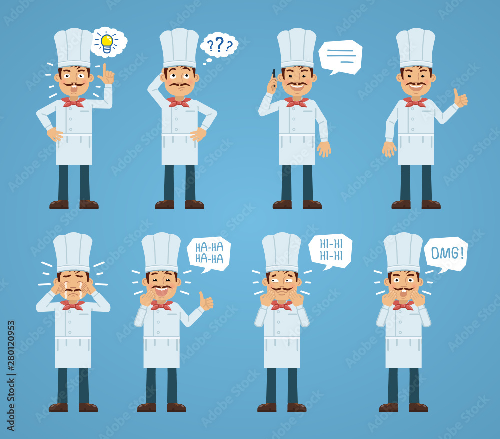 Set of cook characters posing in different situations. Cheerful cook talking on phone, pointing up, thinking, laughing, crying, surprised. Flat style vector illustration Set of cook characters posing in different situations. Cheerful cook talking on phone, pointing up, thinking, laughing, crying, surprised. Flat style vector illustration