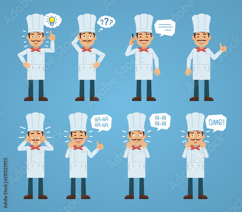 Set of cook characters posing in different situations. Cheerful cook talking on phone, pointing up, thinking, laughing, crying, surprised. Flat style vector illustration