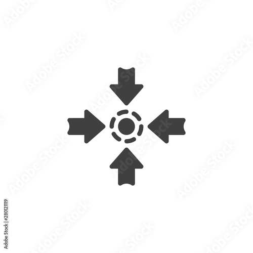 Four arrows point to button vector icon. filled flat sign for mobile concept and web design. Arrows point in center glyph icon. Symbol, logo illustration. Vector graphics