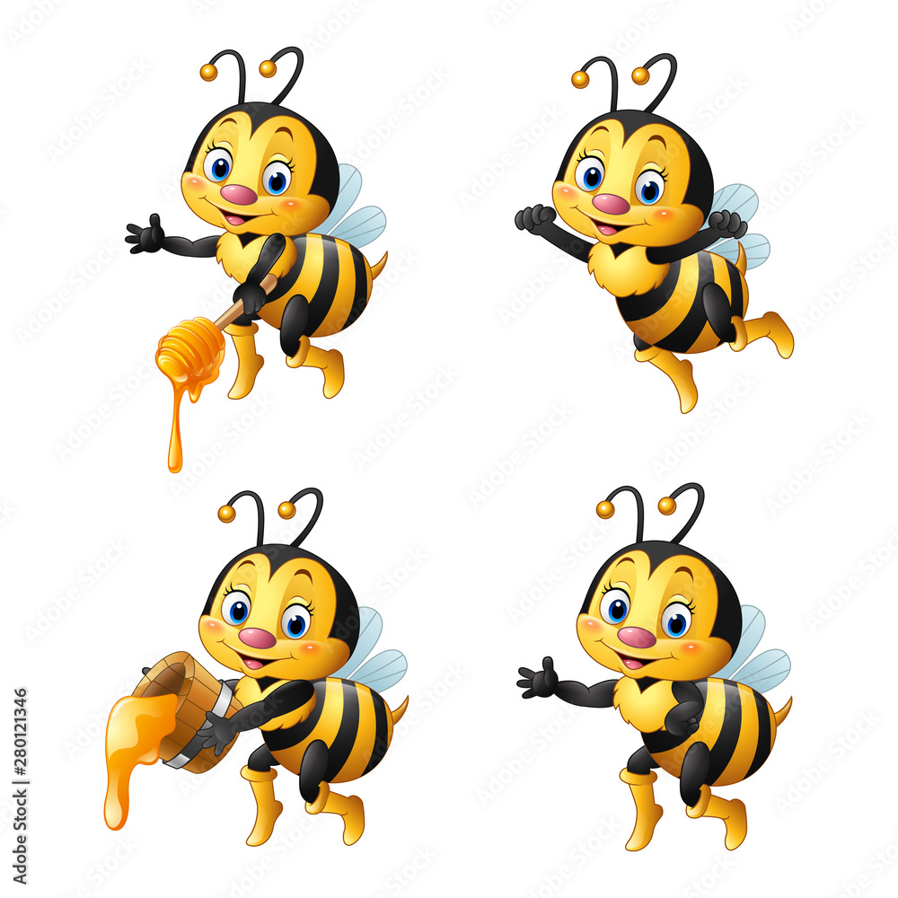 Cartoon bee with honey collections set - obrazy, fototapety, plakaty 