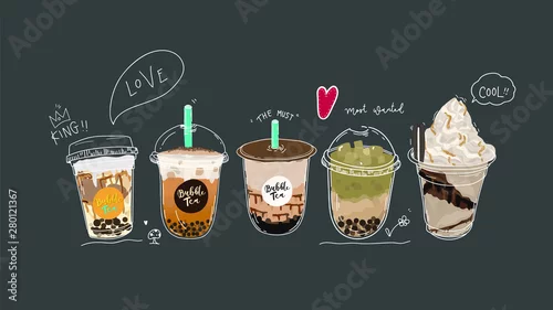 Obraz Kolekcja bąbelkowych filiżanek, perłowa herbata mleczna, pyszne napoje, kawy i napoje bezalkoholowe z transparentem w stylu doodle. - Wektor