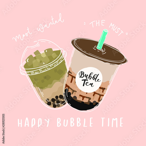 Bubble tea cup design collection Pearl milk tea   Yummy drinks  coffees and soft drinks with doodle style banner . - Vector