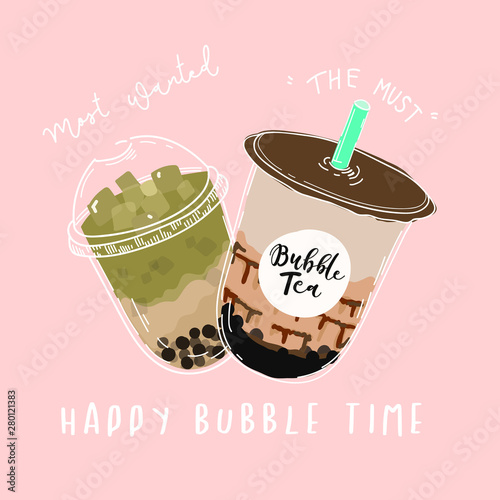 Bubble tea cup design collection,Pearl milk tea , Yummy drinks, coffees and soft drinks with doodle style banner . - Vector